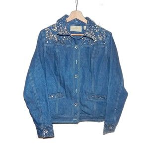 Designs Options By Philip & Jane Gordon Silver Beaded Sequins Denim Jacket SZ M